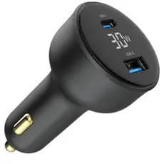 Gembird TA-UC-AC2PD30LCD-CAR-01 2-port USB CarFast Charger USB-C PD LCD 30W Black, 2 image