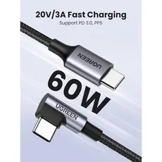 USB Cable UGREEN US255 (50123), 60W, Type-C to Angled Type-C Round, 1m, Gray, 6 image
