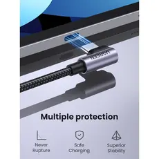 USB Cable UGREEN US255 (50123), 60W, Type-C to Angled Type-C Round, 1m, Gray, 3 image
