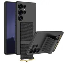 TVC GKK For Samsung Galaxy S25 Ultra Case with Strap Kickstand PU+Hard PC Protective Phone Cover - Carbon Fiber Texture