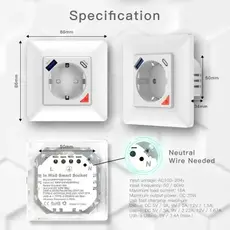 Smart Wall Socket Moes WK-Y-EU-1U1C-WH-EN, Wi-Fi, 16A, 3680W, USB-A + USB-C 20W, In-wall, White, 15 image
