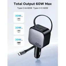 UGREEN EC602 (55212B) Nexode Car Charger, 60W, with Retractable Type-C Cable, Grey, 3 image
