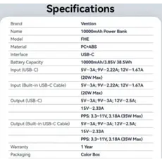 Portable charger Vention FHEH0 10,000mAh Mini Power Bank 35W Grey, 7 image