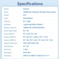 Portable Charger Vention FHTB0 10,000mAh Magnetic Wireless Power Bank 22.5W With LED Display Black, 3 image