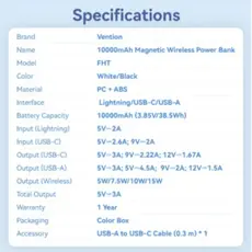 Portable Charger Vention FHTW0 10,000mAh Magnetic Wireless Power Bank 22.5W With LED Display White, 8 image