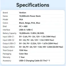 Portable Charger Vention FKAB0-C 10,000mAh Power Bank 22.5W With LED Display Black, 3 image