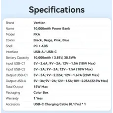 Portable Charger Vention FKAN0-C 10,000mAh Power Bank 22.5W With LED Display Beige, 6 image