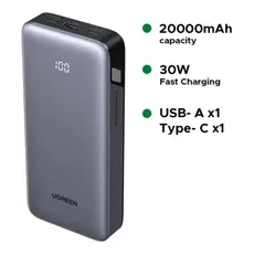 Portable Charger UGREEN PB532 (55989B), 20000mAh, Type-C, USB, Fast Charging Power Bank, Grey, 2 image