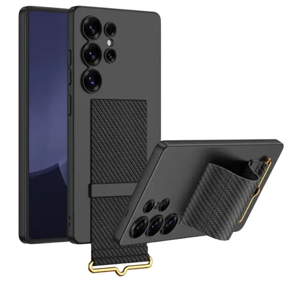TVC GKK For Samsung Galaxy S25 Ultra Case with Strap Kickstand PU+Hard PC Protective Phone Cover - Carbon Fiber Texture
