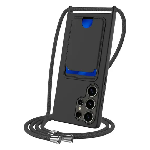TVC Samsung Galaxy S25 Ultra Case Liquid Silicone Card Holder Back Phone Cover with Lanyard - Black