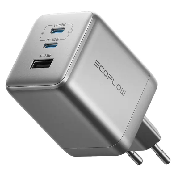 Charger EcoFlow RAPID Pro Charger 100W, GaN, 3 Ports (2x USB-C, USB-A), EU Plug, Silver