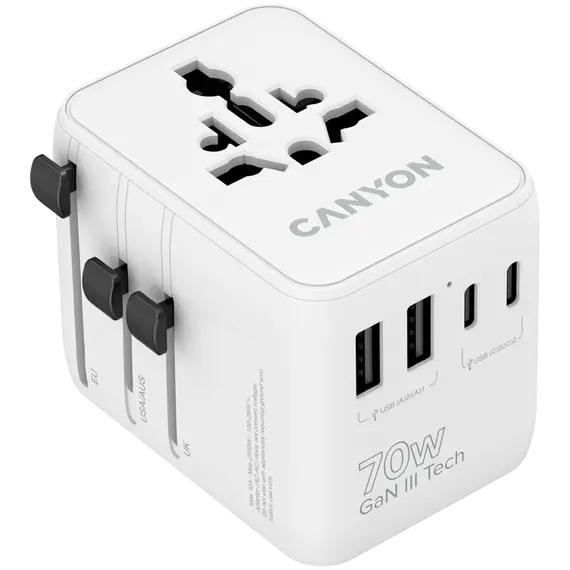 Travel Adapter CANYON OnTour 70 CNS-TA70W1006W, EU/UK/US/AUS, 70W GaN, 3x USB-C, 2x USB-A, White