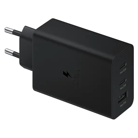 Mobile Charger Samsung 65W Power Adapter Trio EP-T6530NBEGEU, 2x USB-C, USB-A, Super Fast Charging 2.0, Black