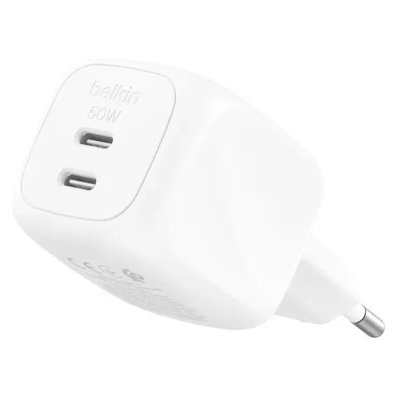 Adapter Belkin BoostCharge Pro 50W Dual USB-C GaN Wall Charger with PPS WCH019kqWH, White