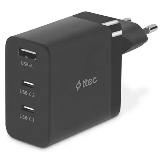 Charger Ttec 2SCG03S SmartCharger Trio GaN 65W PD, 2 x USB-C + USB-A, Black
