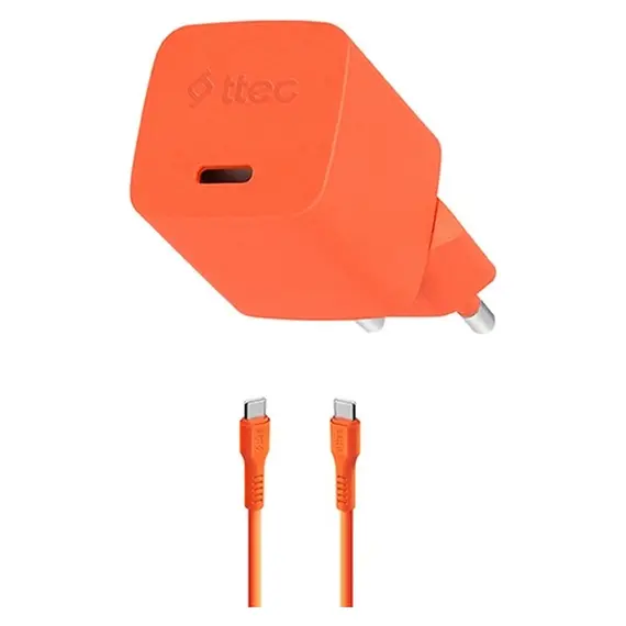 Charger Ttec 2SCG20CNT SmartCharger GaN 20W PD, USB-C + USB-C to USB-C 60W cable, 120 cm, Neon Orange