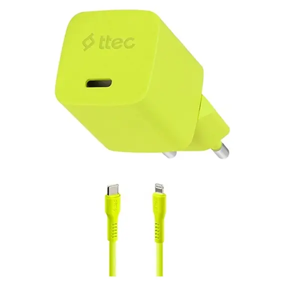 Charger Ttec 2SCG20LNS SmartCharger GaN 20W PD, USB-C + USB-C to Lightning cable, 120 cm, Neon Yellow