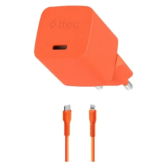 Charger Ttec 2SCG20LNT SmartCharger GaN 20W PD, USB-C + USB-C to Lightning cable, 120 cm, Neon Orange