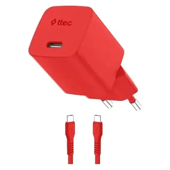 Charger Ttec 2SCG45CNK SmartCharger GaN 45W PD AVS, USB-C + USB-C to USB-C 60W cable, Neon Red