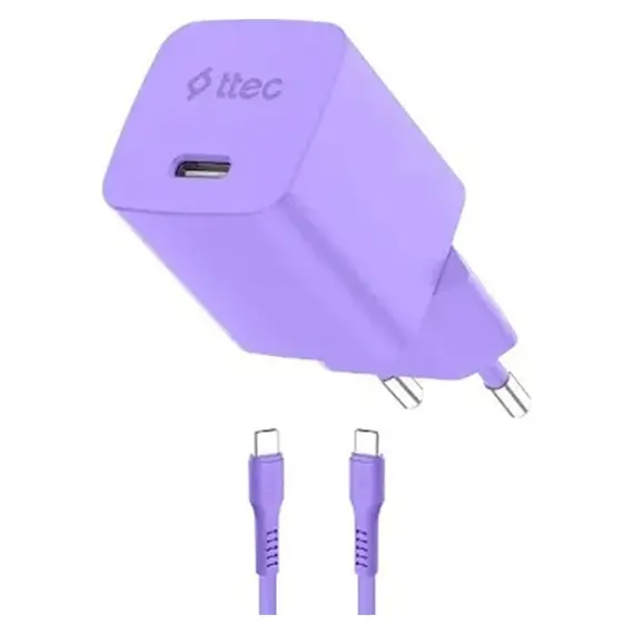 Charger Ttec 2SCG45CNMR SmartCharger GaN 45W PD AVS, USB-C + USB-C to USB-C 60W cable, Neon Purple