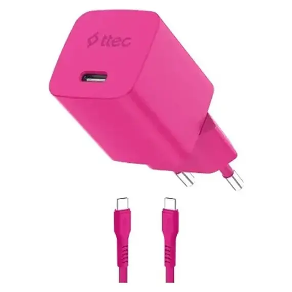 Charger Ttec 2SCG45CNP SmartCharger GaN 45W PD AVS, USB-C + USB-C to USB-C 60W cable, Neon Pink
