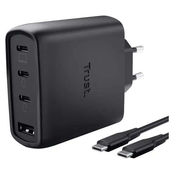 Charger Trust Maxo 65W GaN (26067), 3x USB-C + 1x USB-A, with 2 m cable, Black