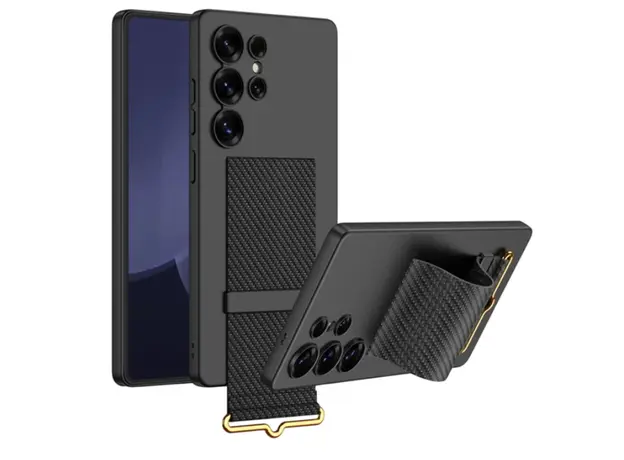 TVC GKK For Samsung Galaxy S25 Ultra Case with Strap Kickstand PU+Hard PC Protective Phone Cover - Carbon Fiber Texture