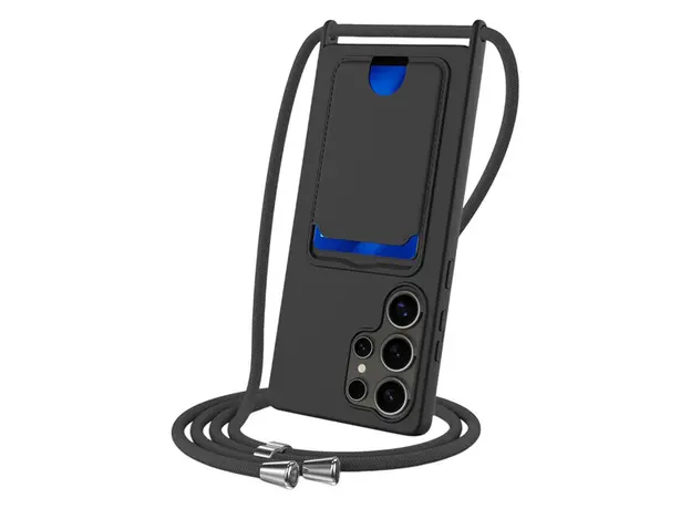TVC Samsung Galaxy S25 Ultra Case Liquid Silicone Card Holder Back Phone Cover with Lanyard - Black