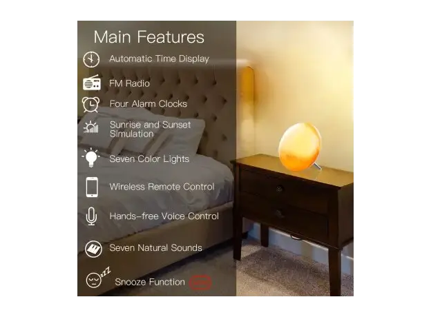 Smart Alarm Clock Moes WB-JK-AC-C Wi-Fi Wake-Up Light, Sunrise Simulation, 7 Colour Light, FM Radio, 4 Alarms, USB 5V/2A, White, 4 image