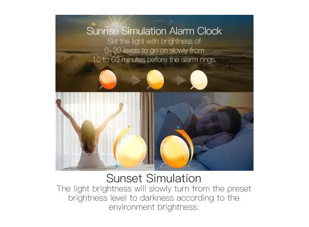 Smart Alarm Clock Moes WB-JK-AC-C Wi-Fi Wake-Up Light, Sunrise Simulation, 7 Colour Light, FM Radio, 4 Alarms, USB 5V/2A, White, 8 image