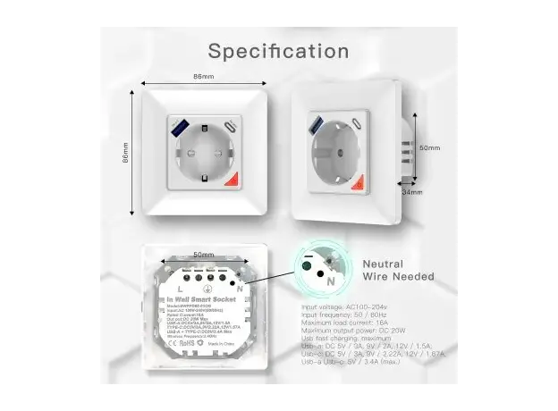 Smart Wall Socket Moes WK-Y-EU-1U1C-WH-EN, Wi-Fi, 16A, 3680W, USB-A + USB-C 20W, In-wall, White, 15 image