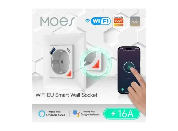 Smart Wall Socket Moes WK-Y-EU-1U1C-WH-EN, Wi-Fi, 16A, 3680W, USB-A + USB-C 20W, In-wall, White, 5 image
