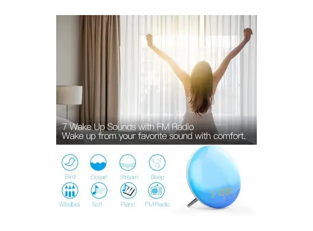 Smart Alarm Clock Moes WB-JK-AC-C Wi-Fi Wake-Up Light, Sunrise Simulation, 7 Colour Light, FM Radio, 4 Alarms, USB 5V/2A, White, 9 image