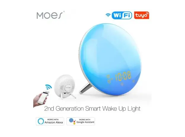 Smart Alarm Clock Moes WB-JK-AC-C Wi-Fi Wake-Up Light, Sunrise Simulation, 7 Colour Light, FM Radio, 4 Alarms, USB 5V/2A, White, 7 image