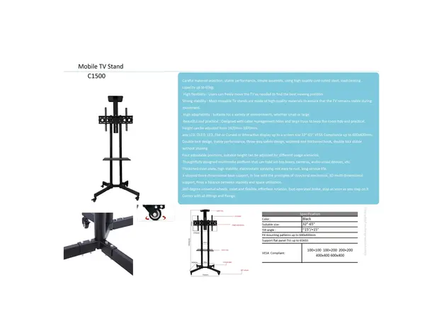 TV Mount Allscreen C1500, 32"-65", TV Mount With Roller, Black, 4 image