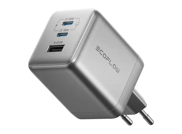 Charger EcoFlow RAPID Pro Charger 100W, GaN, 3 Ports (2x USB-C, USB-A), EU Plug, Silver