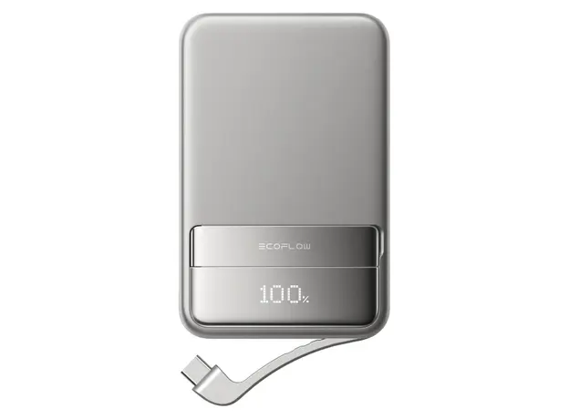Power Bank EcoFlow RAPID Magnetic Power Bank 10000mAh, Qi2 15W, 65W, Built-in USB-C Cable, Silver, 3 image