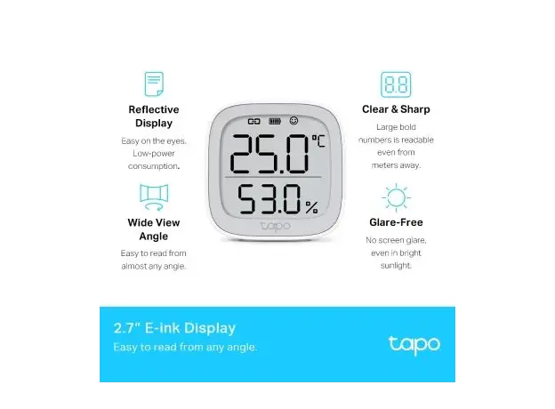 Smart Temperature & Humidity Monitor TP-Link Tapo T315, 2.7" E-ink Display, White, 3 image