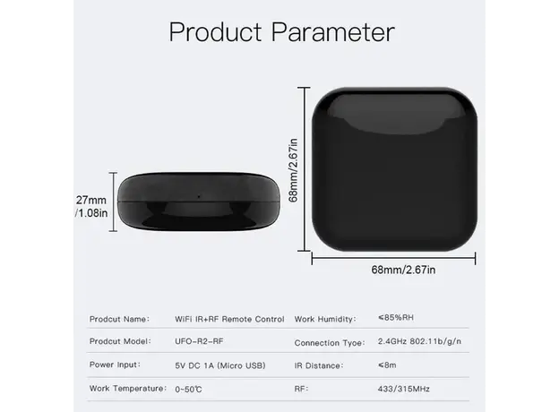 Smart Universal Remote Controller Moes UFO-R2-RF, Wi-Fi, IR + RF 433/315MHz, Black, 3 image