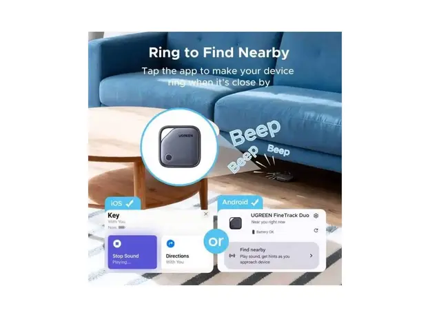 Bluetooth Tracker UGREEN CM916 (75646) FineTrack Duo, Apple Find My / Google Find Hub, USB-C, Grey, 4 image