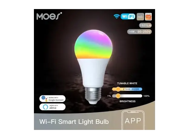 Smart Bulb Moes WB-TDA14-RCW-E27-MS, Wi-Fi, E27, 14W, 1521 lm, RGB + 2700-6500K, White, 19 image