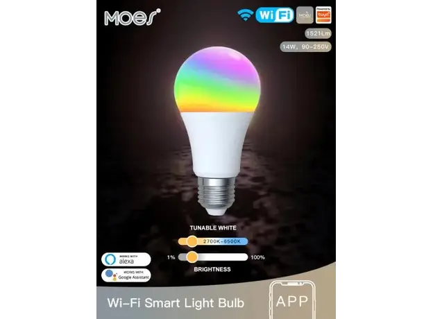 Smart Bulb Moes WB-TDA14-RCW-E27-MS, Wi-Fi, E27, 14W, 1521 lm, RGB + 2700-6500K, White, 4 image