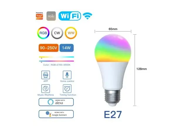 Smart Bulb Moes WB-TDA14-RCW-E27-MS, Wi-Fi, E27, 14W, 1521 lm, RGB + 2700-6500K, White, 7 image
