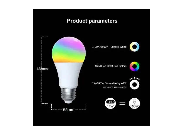 Smart Bulb Moes WB-TDA14-RCW-E27-MS, Wi-Fi, E27, 14W, 1521 lm, RGB + 2700-6500K, White, 9 image
