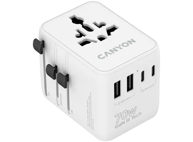 Travel Adapter CANYON OnTour 70 CNS-TA70W1006W, EU/UK/US/AUS, 70W GaN, 3x USB-C, 2x USB-A, White