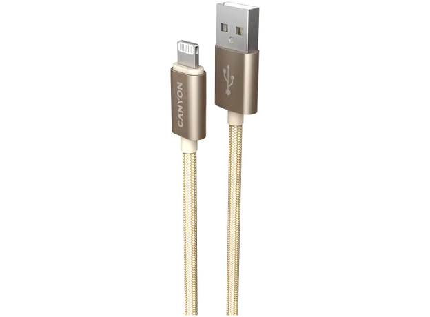 USB Cable CANYON MFI-3 CNS-MFIC3GO USB-A to Lightning, MFi, 12W, Braided, 1m, Gold, 2 image