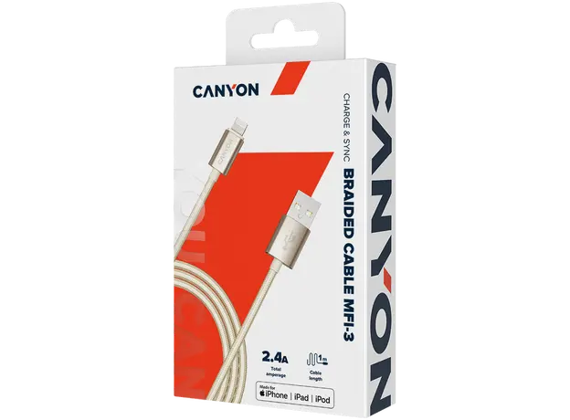 USB Cable CANYON MFI-3 CNS-MFIC3GO USB-A to Lightning, MFi, 12W, Braided, 1m, Gold, 3 image