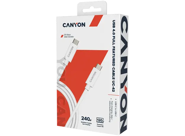 USB Cable CANYON UC-42 CNS-USBC42W USB4 USB-C to USB-C, 20Gbps, 240W, 8K, 2m, White, 2 image
