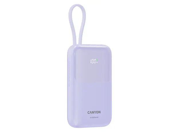 Power Bank CANYON OnPower 101 CNS-CPB101PU, 10000mAh, PD 22.5W, Built-in USB-C Cable, Purple, 3 image
