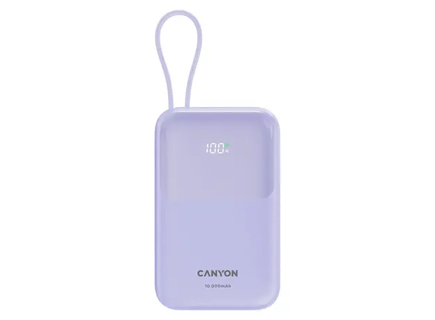 Power Bank CANYON OnPower 101 CNS-CPB101PU, 10000mAh, PD 22.5W, Built-in USB-C Cable, Purple